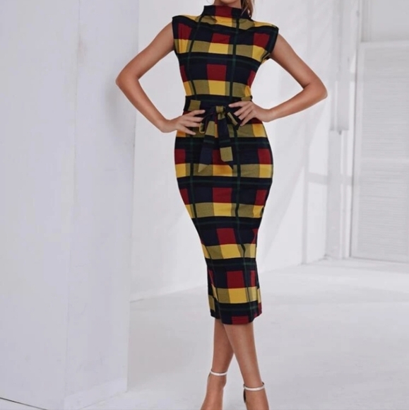 SHEIN Dresses & Skirts - Shein (Size L) Multicolor Plaid Pattern Mock Neck Cap Sleeve Belted Midi Dress